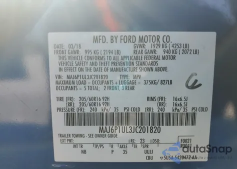 2018 Ford Ecosport Se z USA, uszkodzony, nr VIN MAJ6P1UL3JC201820